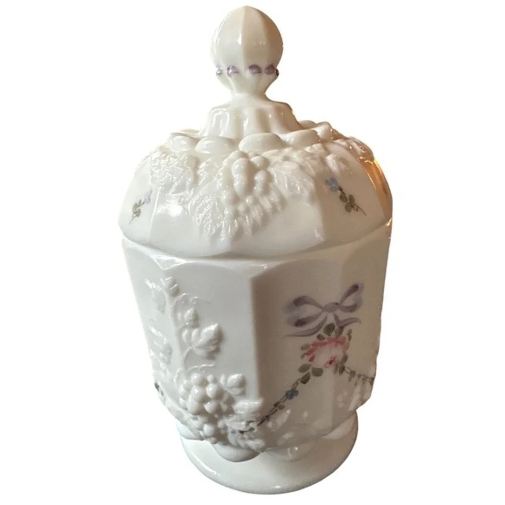 Westmoreland‎ Milk Glass Beaded Grape Hand Painted Rose Bow Lidded Jar Vintage